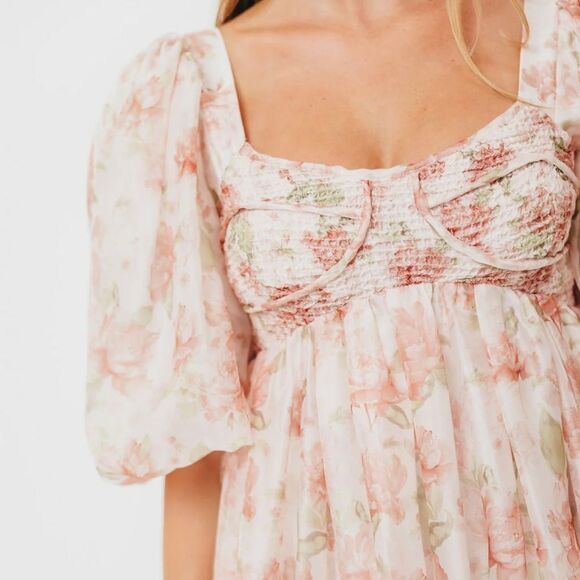 Sofie the Label Floral Smocked Mini Dress in Peach-jj6 - Picture 4 of 12